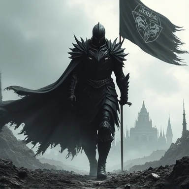 a frightening and imposing figure, with black armor, holding a sword and marching over a battlefield . In the background,  a ruined city and a flag with the symbol of the beast.