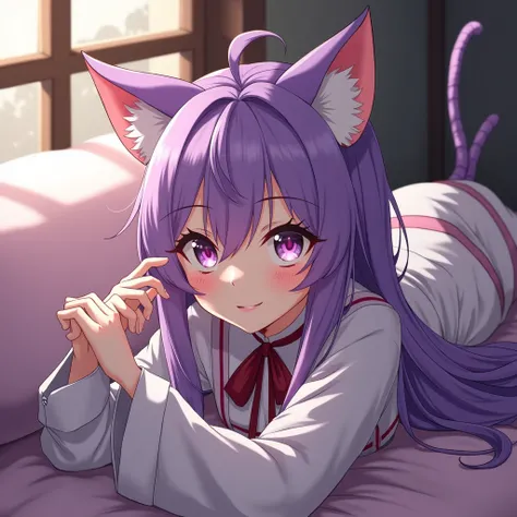 anime girl,  purple cat ears,  long hair , nice clothes, Guvéz style , Clarity 4K, cgStation Pop, ancient architecture,  seductive, attractive, Genshin Ker,  anime style , 8k,  beautiful anime woman, Front of . lying down_bed, seminua.