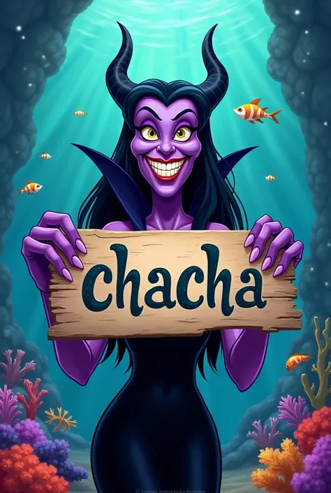 Ursula Disney qui tient une pancarte "Chacha" écrit dessus