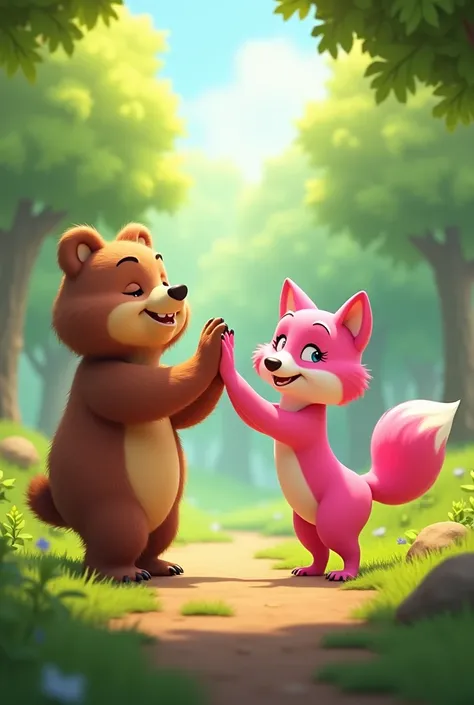 A video of a bear playing Play 5 with his friend the pink fox