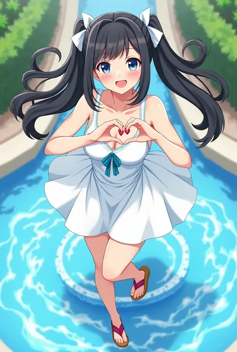 1girl, smile, closed mouth, tongue out, heart eye, wink, one eye closed, stuck out hips, standing on one leg, sandal, water fountain, from above, hand gesture, posing, heart shaped hands, heart, hestia, black hair, blue eyes, long hair, twin tails, white d...