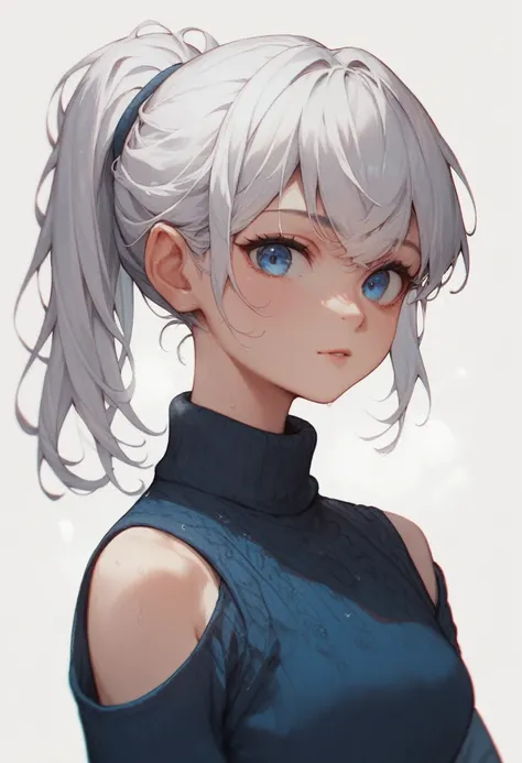 1girl, solo, upper body, cold expression, looking at viewer, blue eyes, double ponytail, wavy bangs, medium length white hair, light peach skin, slender waist, white background, winter outfit, dark blue sweater
