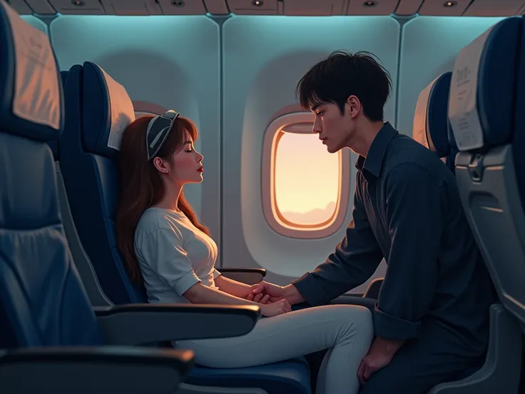 man and woman on a plane , Everyone in their chair,  the woman is asleep with a mask on her eyes,  while the man admires her while she sleeps 