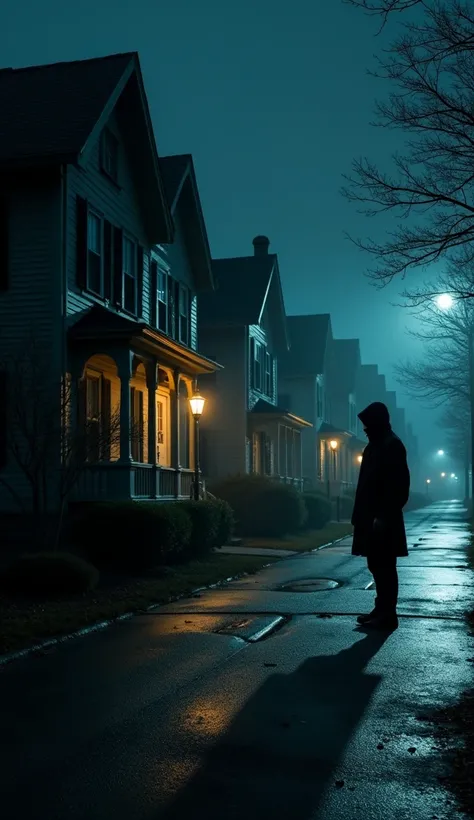 A series of dark, foreboding houses lined up along a quiet street at night, each appearing to have been meticulously studied and chosen. In the foreground, a masked man in dark clothing stands hidden in the shadows, watching his next target house with cold...