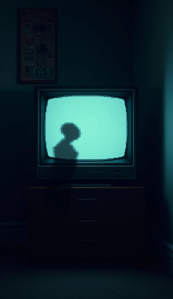 Vertical pixel art of a dimly lit room, with a retro TV showing the E.T. game. A faint shadow of a mysterious figure appears reflected in the screen. The atmosphere is foreboding and tense. —ar 9:16