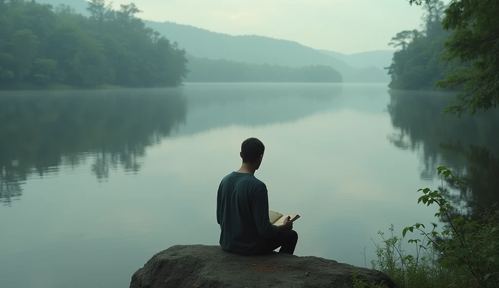  An individual sitting on the edge of a calm lake, reflecting or writing in a journal ,  with a serene and introspective expression .