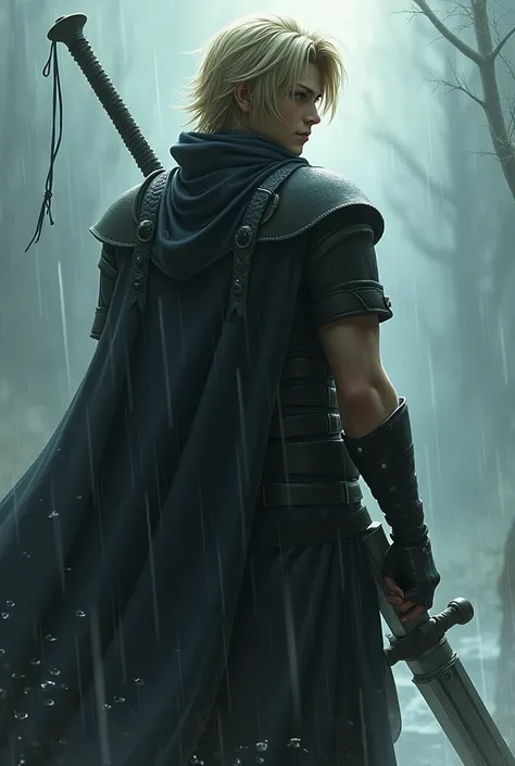 Gere uma imagen do squall do final fantasy,  but that you are a woman of 50+ And that you really like the rain , Let it be full-body . Show Squalls gun the gunblade and her wanting to be the rain