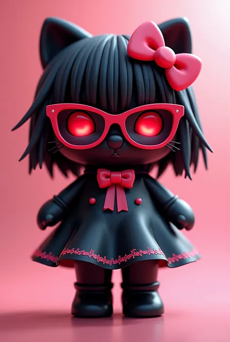 Hello Kitty with medium size hair  ,   Black with red reflections  , wears pink glasses with a black dress with pink ribbons