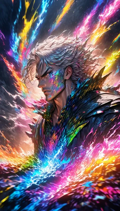 absurdres, highres, ultra detailed, HDR, masterpiece, extremely detailed face and eyes, dragon knight , colorful white hair , , solo, man, handsome, , , Epic fight scene, colorful water splashing effect,colorful lightning  effect,glowing glitters, symetric...