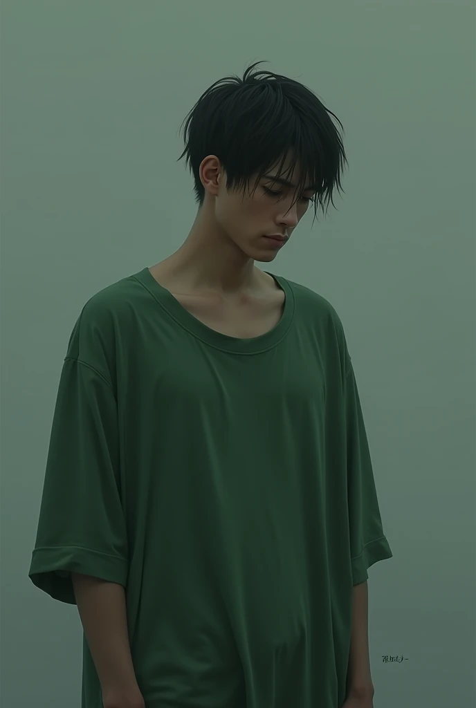 Sad man in green clothes aged 18 and saddest melancholy 