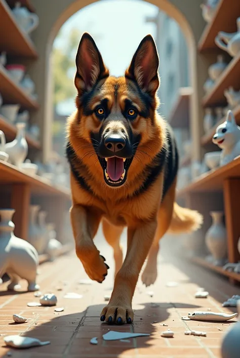 Rampant German Shepherd Dog in Porcelain Shop