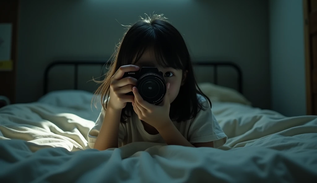  Alicia a young Asian girl, Focus with your camera , looking to capture something .  Background with beds and shadows , Dark environment. MEDIUM SHOT,  capturing tension ,  hyperrealistic,  photorealistic ,  cinematic .