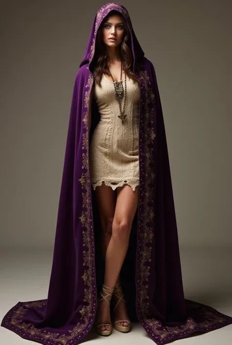 I want a short dress with a irregular pattern/cut, and I want it to be in a nude color, with an old cloth aesthetic. Over the dress I want a long deep purple luxurious cape with golden details at the seams. I also want the cape, or even the outfit in gener...