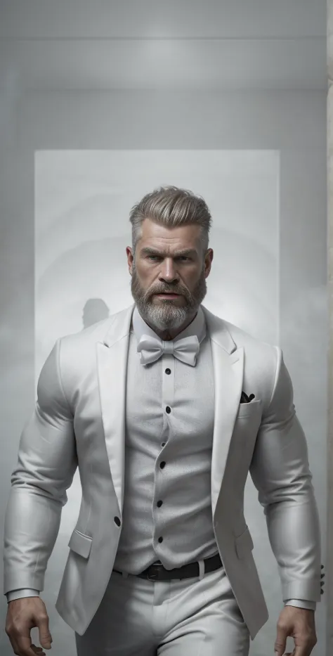 a very muscular realistic caucasian viking bearded stud carefully detailed wearing a ghostly stealth blazer, shirt, bow tie, jac...