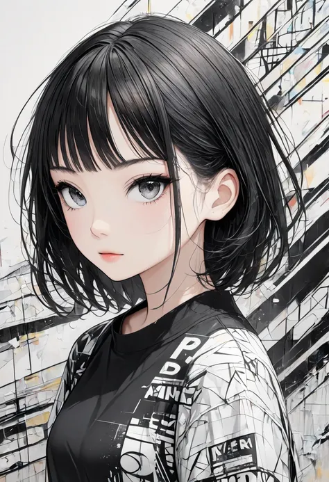 Ultra-realistic Mai Yoneyama black and white style, Simple line acronym abstract art, Cute design, (((Background is discarded))), Street Style, トトロの森