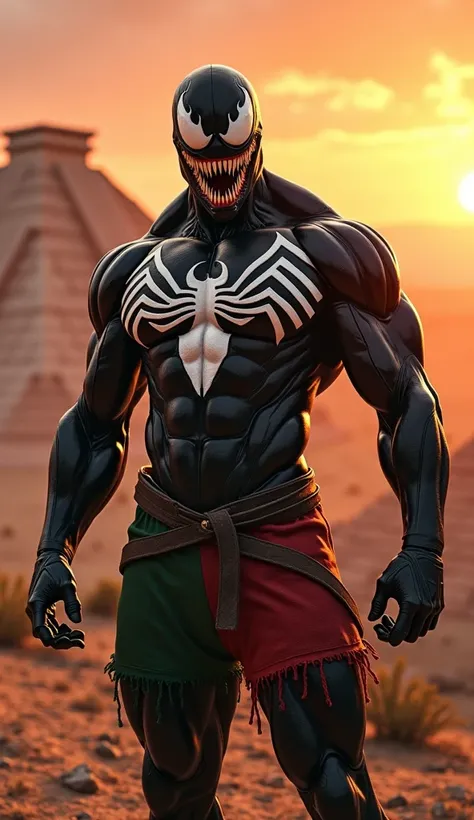 "A powerful, Mexico-inspired version of Venom, standing in front of the iconic Pyramid of the Sun at Teotihuacan during a vibrant sunset. His symbiote form is sleek and black, with subtle patterns resembling the green, white, and red stripes of the Mexican...