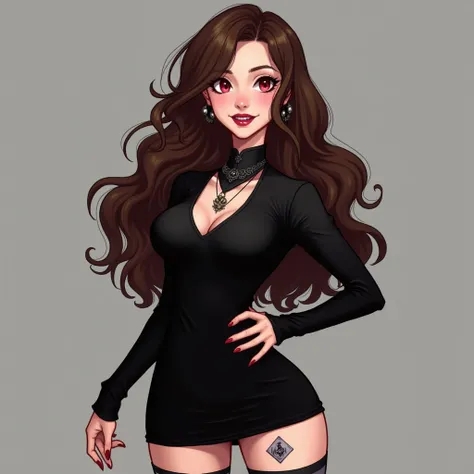 ((Desing))((fanart)),((terror))1girl, beautiful face, long, brown, wavy hair, short black dress with long sleeves, black and gray striped socks, black all star , passionate lips, light blush, big breasts, beautiful red eyes, fair skin, skull tattoo on the ...