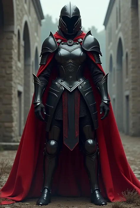 A female character in full body armor that is black and has a red cloak medieval