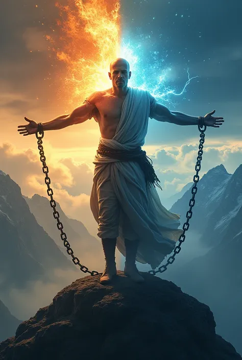  completely bald 35-year-old man ,  standing on top of a mountain ,  struggling between suffering and happiness,  breaking their chains with rays , fused in fire and energy , the chains are broken ,  you notice the inner conflict in the ,  but you see a li...