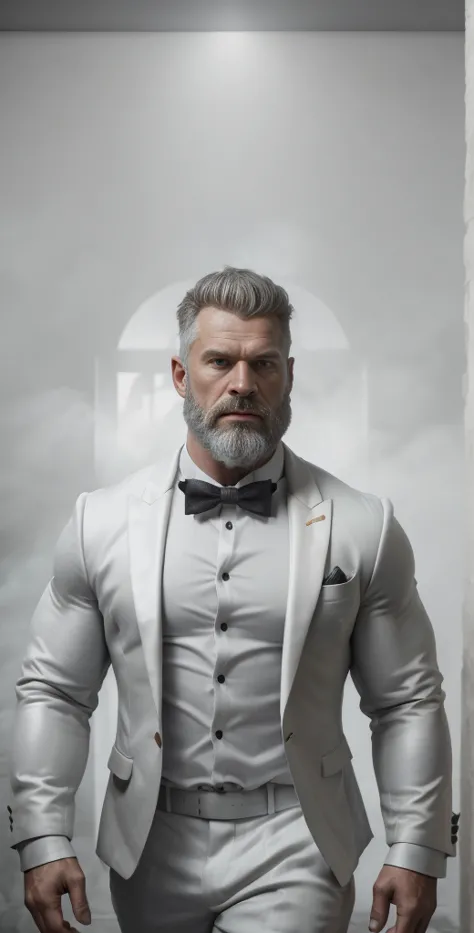 a very muscular realistic swollen caucasian viking bearded stud carefully detailed wearing a ghostly stealth blazer, shirt, bow ...