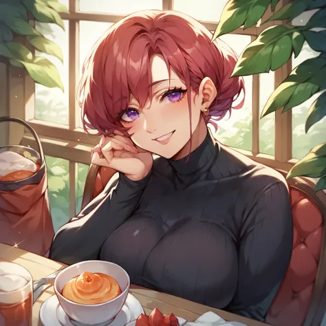 a MILF in her 40s with short red hair and purple eyes. she is sitting in a cafe. she has on a black dress and has a sadistic smile on her face. she is also blushing. close up.