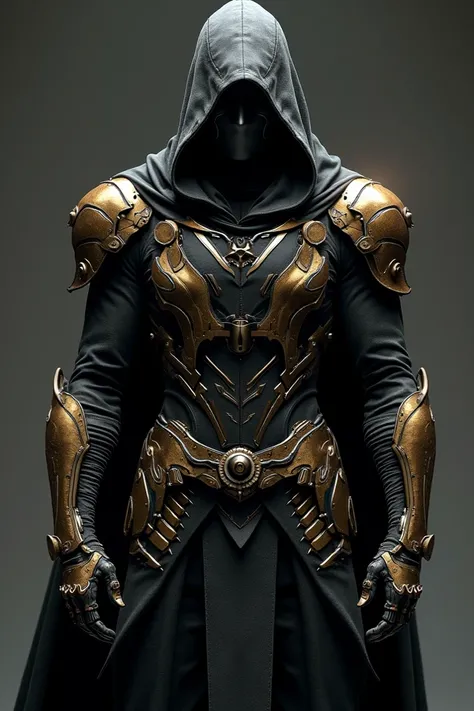 Assassins armor that the armor has mechanical parts on the gloves and that on the part of the face it has a hood and a mask and that the armor is black and gold 