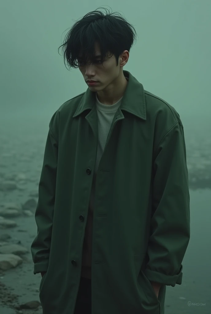 Sad man in green clothes saddest melancholic aged 25 years in isolation 