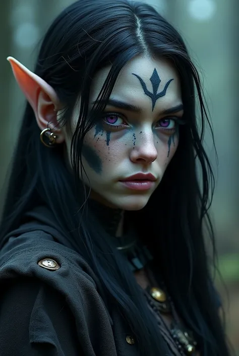  an elf with dark and long hair , dark purple eyes ,  greyish blue skin ,  has the characteristic ears of elves and has small rings in them,  she has a face with sharp and rough features,  like someone who has seen enough of lifes terrors , She is a more r...