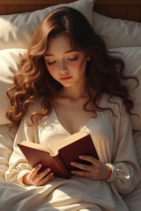  Girl with curly hair 3 C long, Brunette reading book in her bed  