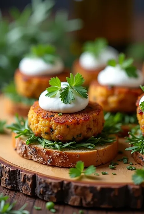 Fine herb toast canape with lentil nugget and sour cream