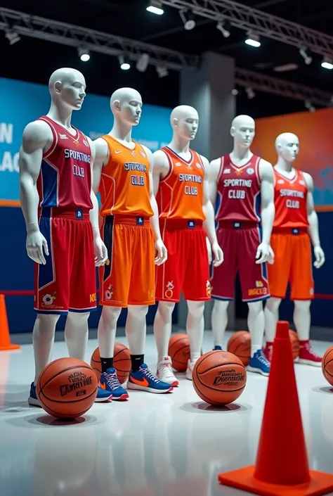 Exhibition of basketball uniforms that say sporting club ,  personalized basketballs with sporting club and cones 