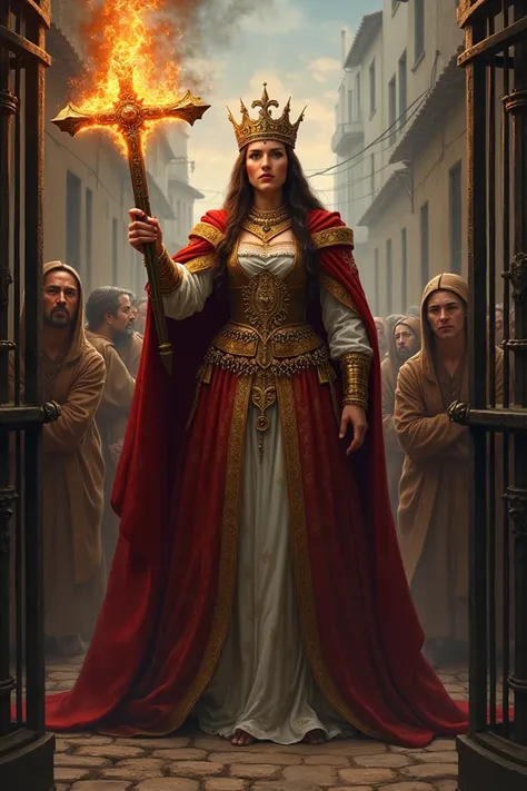 Queen Isabela 2 with a cross that is burning in her hand and the town locked in a cell