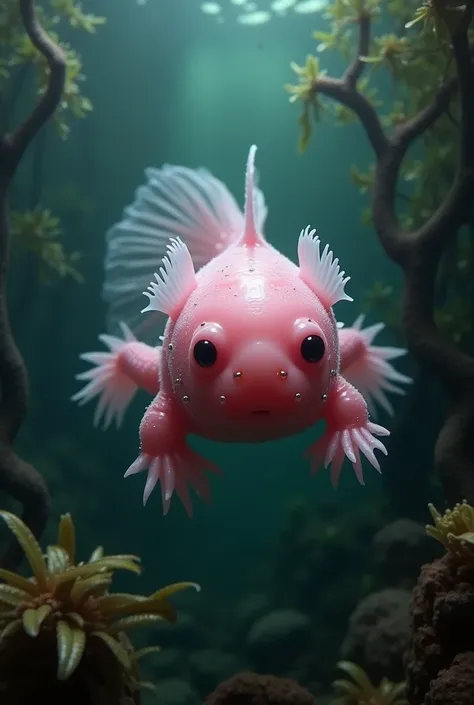  scary pink axolotl with black eyes in a large fish tank. 5 megapixel 