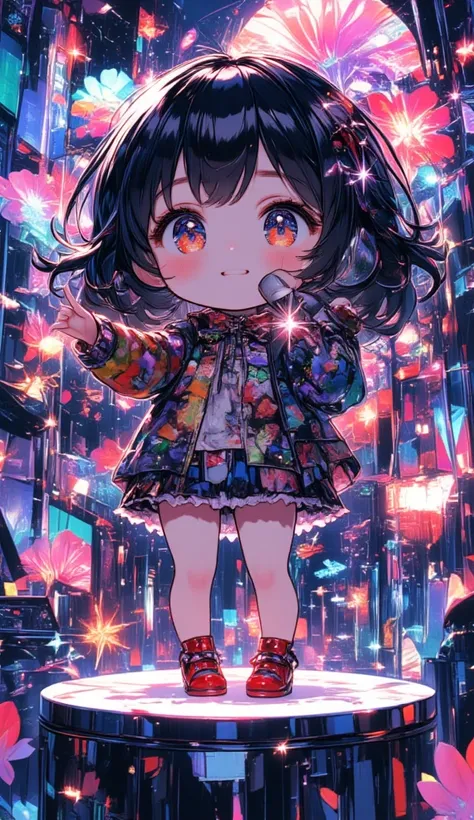  very detailed ,( fractal art:1.1),( colorful :1.1)(flower:1.3)、 ( Dynamic Poses), ( abstract background:1.3)、(Multicolor:1.4)、Place the little doll on a round pedestal、 cute pose 、smile、Black-haired、chibi doll、 Eye star （Sparkling）、 at a karaoke shop with...