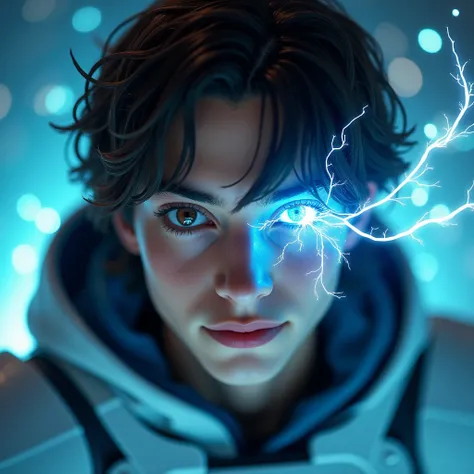  Young man 20 years old ,  dark brown semi-long hair ,  a brown eye and a blue eye with electricity (heterochromia). light armor blue futuristic shoulder pads and chest with hood on. gamer, fantasy, hyper realistic, UHD, digital art draw . amazing photo, c...