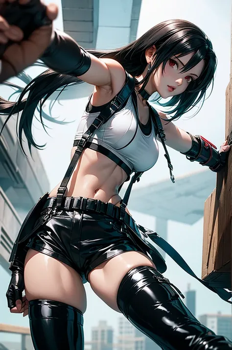 white simple background tifa Lockhart from final fantasy 7. black latex bra mini latex black shorts pants, body harness neck choker gloves latex stockings