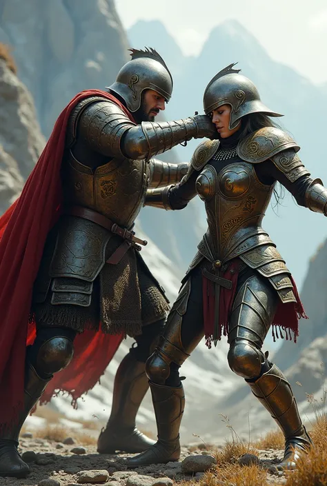 Two people dressed in armor having a really intense fight, One of which is a female