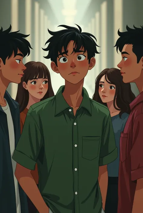 Sad 25-year-old man in green clothes with 5 people like him happy 