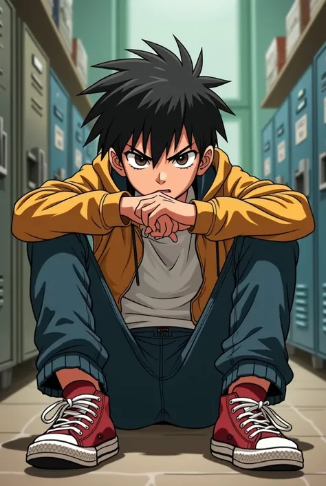 Rebellious Boy ，Bold，Open legs in a sitting position，Junior high school students