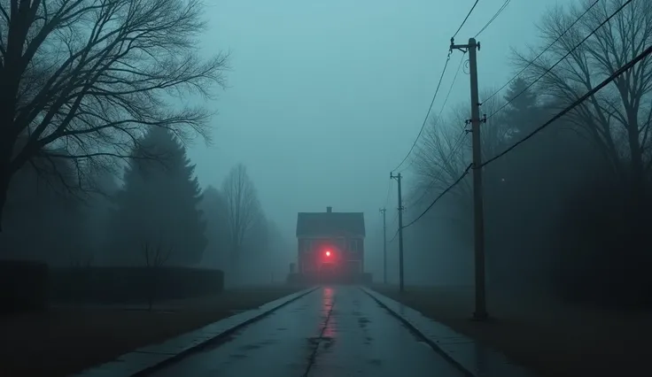   The final scene showing the red house in the distance ,  with a sense of emptiness and a mysterious chill in the air.  The camera moves away slowly ,  capturing the house as the fog takes over the street . The environment is tense and unsettling ,  with ...