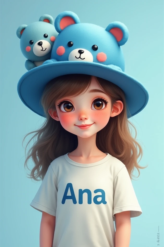 A girl wearing a blue hat with a blue bear with a blue background and with a t-shirt with the name written Ana 