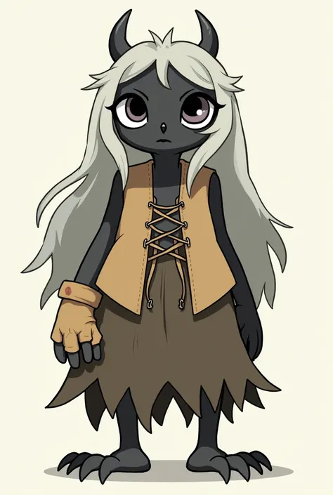 Disney Owl house style, Hair long greyish-white hair that falls past their shoulders hair appears somewhat layered and slightly wavy .Skin pitch black.small curved horns protruding from their hea, also have clawed, dark-colored feet and hands.Wearing a sle...