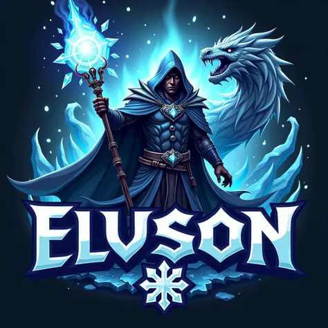  a gaming team logo ,  close dark ice wizard holding a staff,  spelled Elvson in the image, Ice flames , image dark, detailed, dragão de gelo ao redor detailed