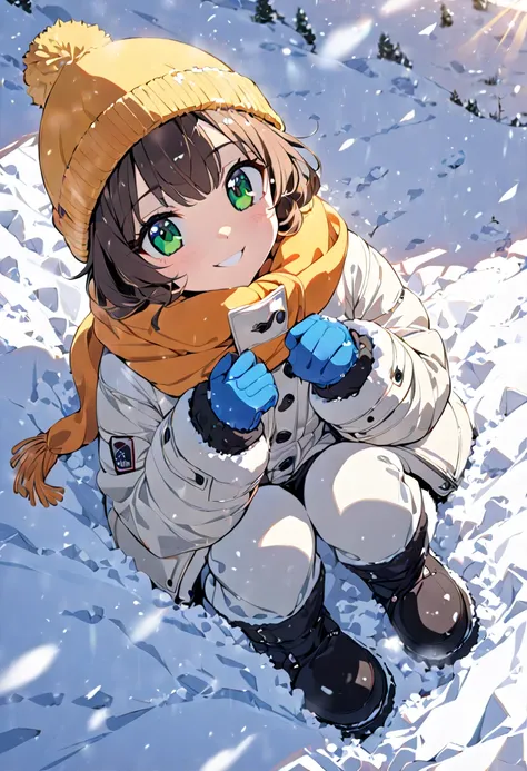 1girl, solo, masterpiece, best quality, (anime art style:1.0), 2d, dynamic shadows, masterpiece, best quality, (anime art style:1.0), 2d, dynamic shadows, atmosferic, round breasts, smiling happily, wearing a pastel yellow winter hat, laying in a thick pil...