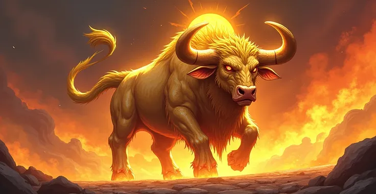 anime beast character concept design: a "Golden Bull Thork", large bull beast with golden furs and scales, 2 large bull horns with a sun ball glowing between its horns, red eyes, dangerous aura, the background is a fiery area blazing with heat and steam, t...