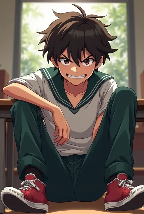 Rebellious Boy ，Bold，Open legs in a sitting position，Junior high school students，Smiley disdain