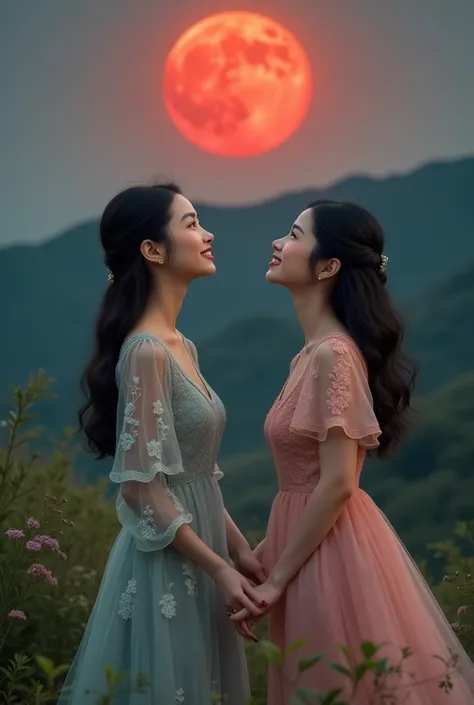 Raw perfect beautiful 2 differnt facial taiwan girl with nice dress looking to the red moon resting in the nature smiling