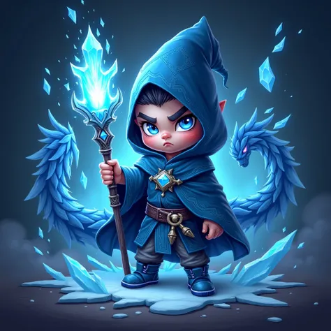  a gaming team logo , close chibi,  close dark ice wizard holding a staff,  spelled Elvson in the image, Ice flames , image dark, detailed, dragão de gelo ao redor detailed