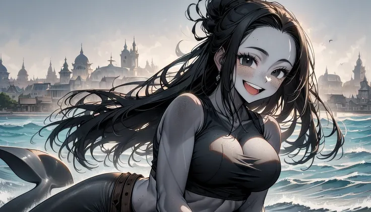 solo, female, medium shot, long black hair, tied hair, low knot hair, shoreside, fantasy:0.3, humble town background, black eyes, large breasts, grey skin, grey tail, dolphin mermaid, long eyelashes, curvaceous, very large breasts, friendly smile, freckles...