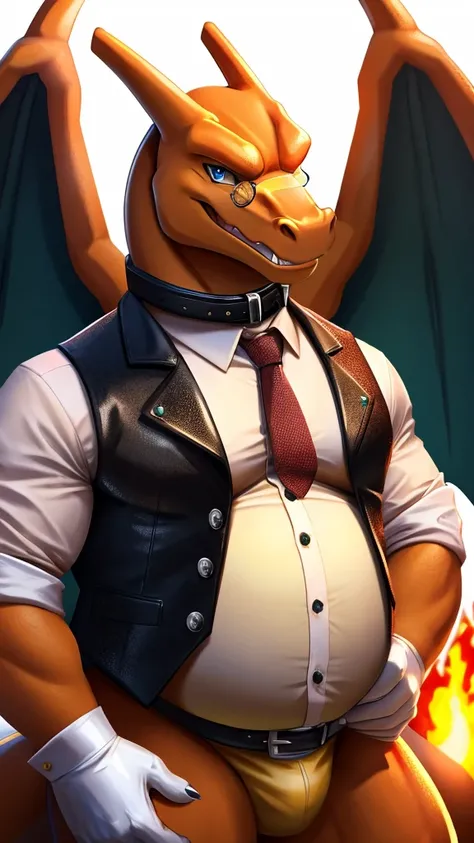 Solo, Male, fat, extremely obese, gentleman, dapper Professor Charizard, blue eyes, bulging belly, (posing:1.3), (soft shading), 4k, hi res, ((detailed face, detailed)), looking at viewer, mouth wide open, steampunk, dapper clothing, collared shirt with bu...